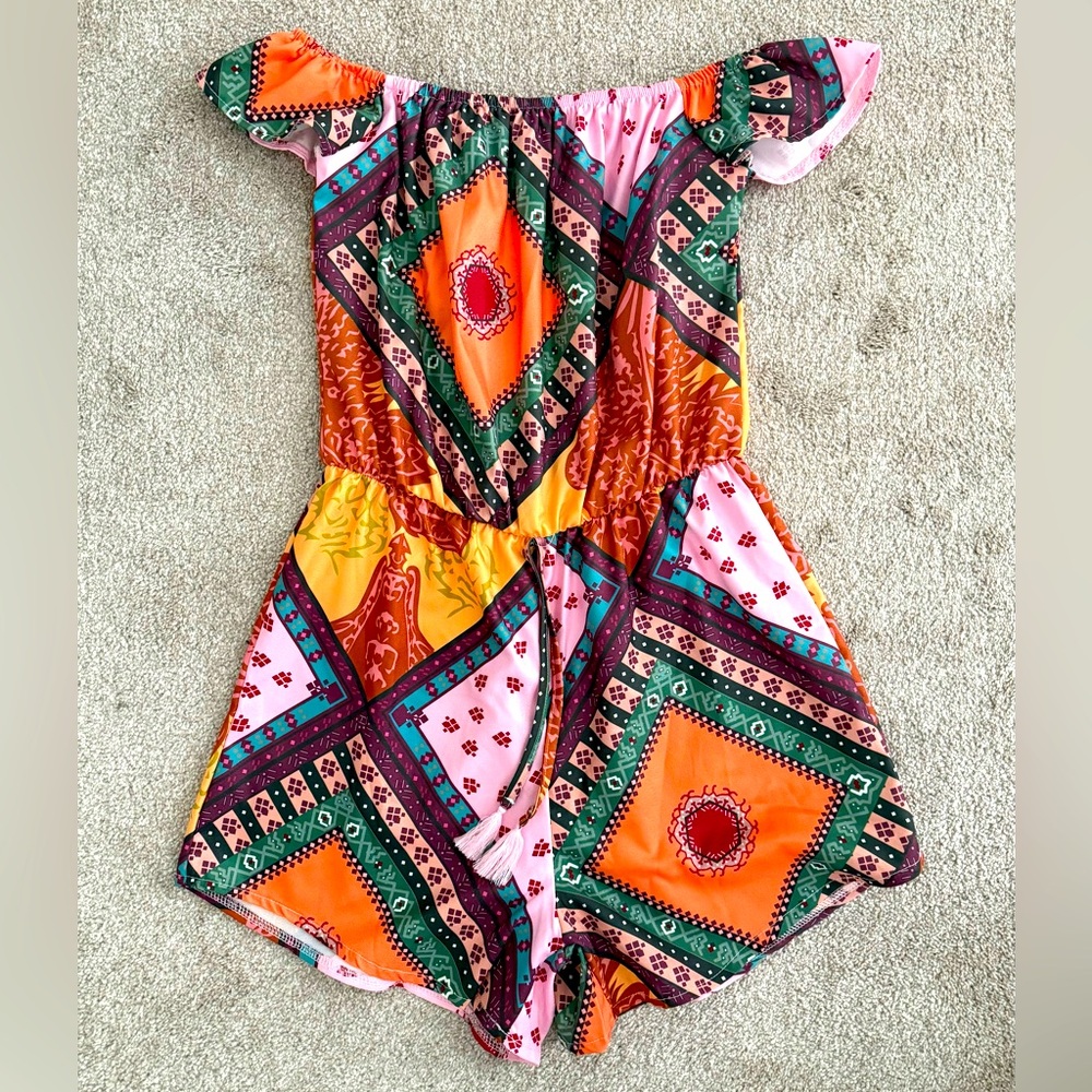 Multicolor patchwork Shorts Romper, on or off shoulder size M
